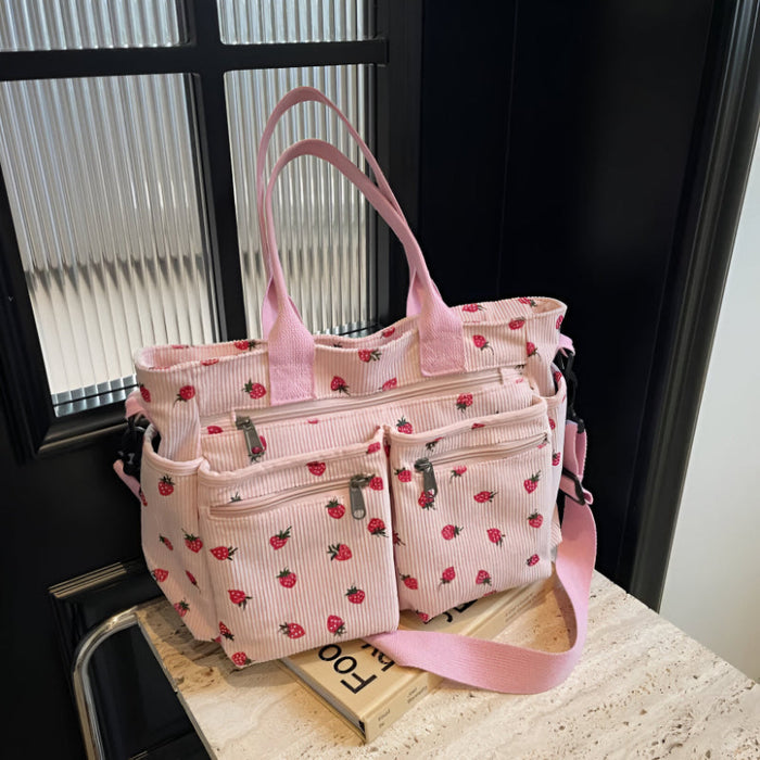 Lightweight Corduroy Tote Bag With Dual Straps And Outer Pockets