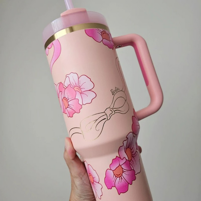 Floral Pattern Insulated Tumbler With Handle And Straw