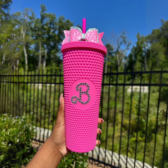 24Oz Textured Studded Tumbler With Straw And Decorative Bow