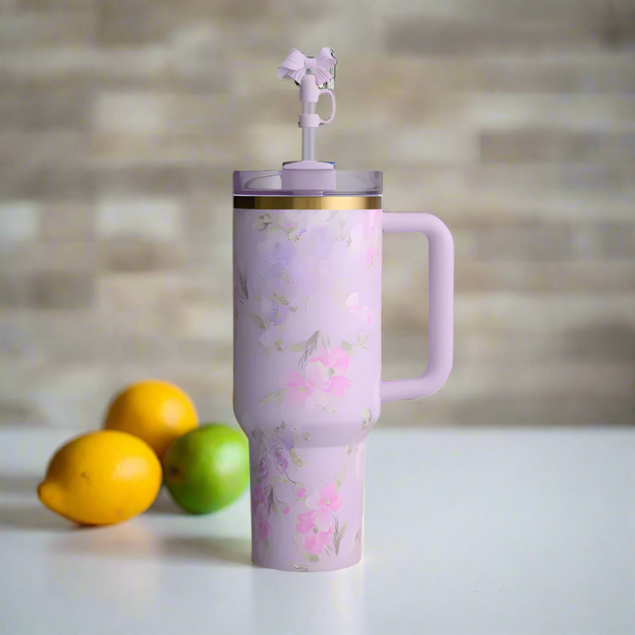 Floral Patterned Tumbler With Bow Straw Lid