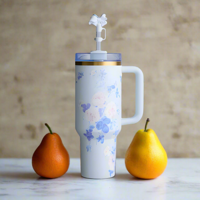 Floral Patterned Tumbler With Bow Straw Lid