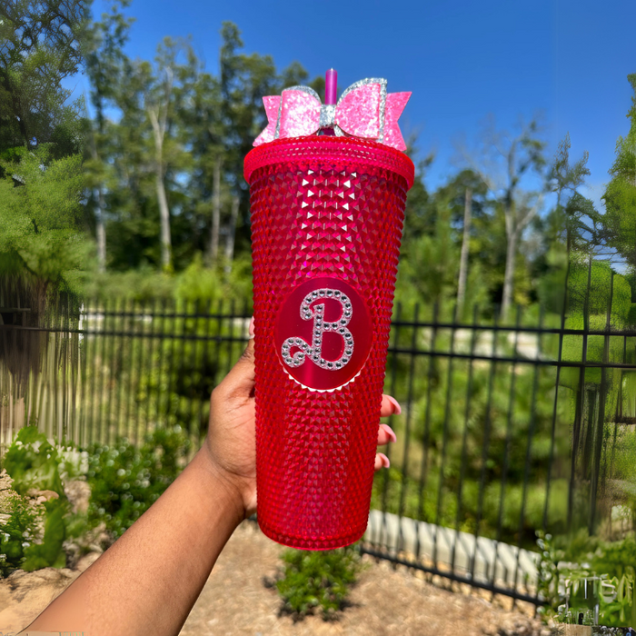 24Oz Textured Studded Tumbler With Straw And Decorative Bow