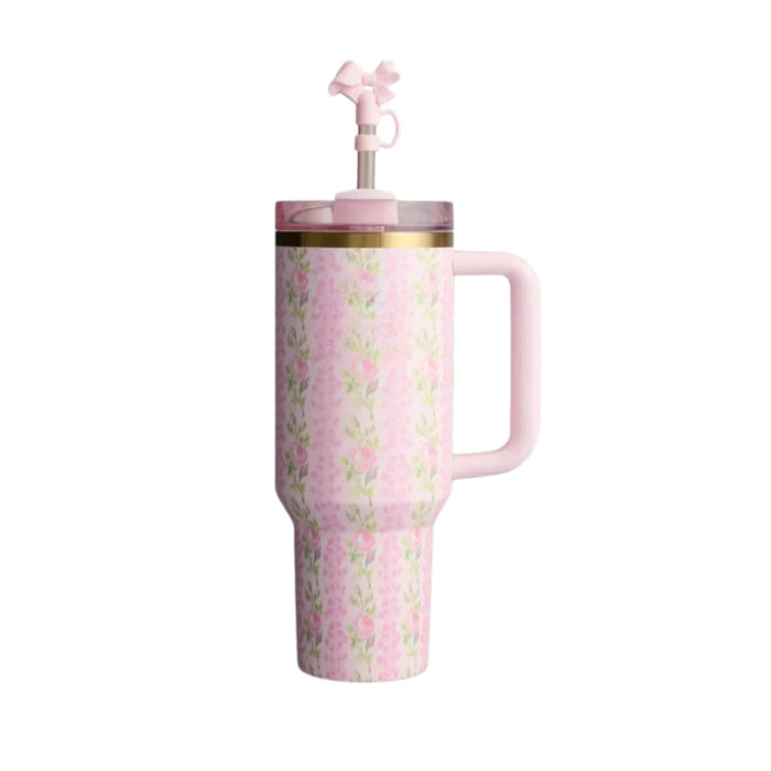 Floral Pattern Insulated Tumbler With Handle And Decorative Bow Straw Lid