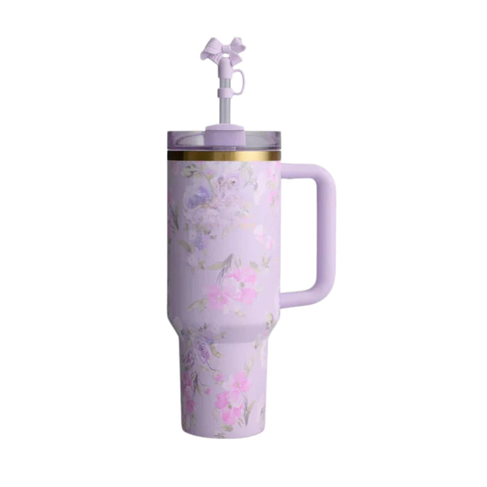 Floral Pattern Insulated Tumbler With Handle And Decorative Bow Straw Lid