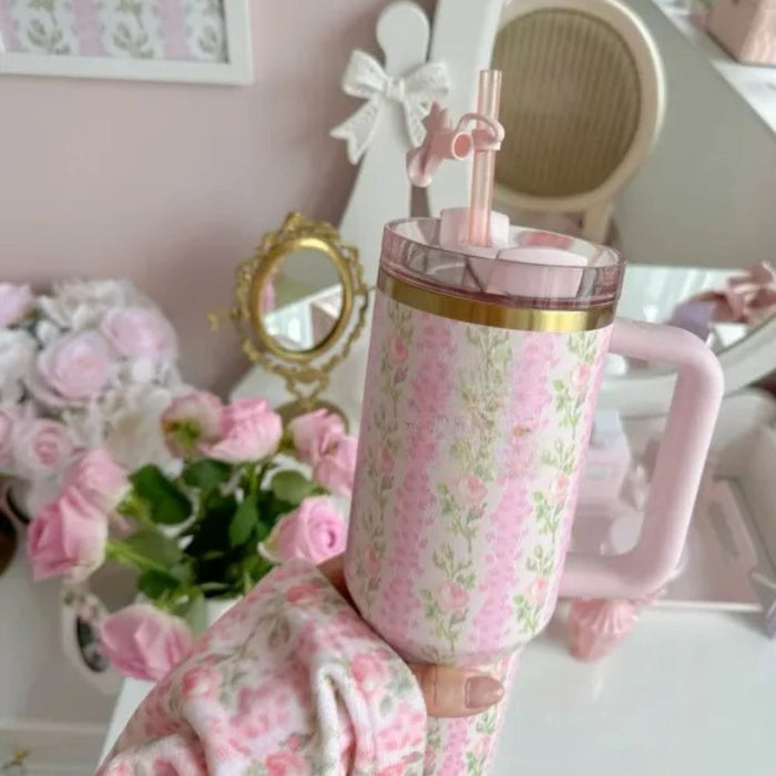 Floral Pattern Insulated Tumbler With Handle And Decorative Bow Straw Lid