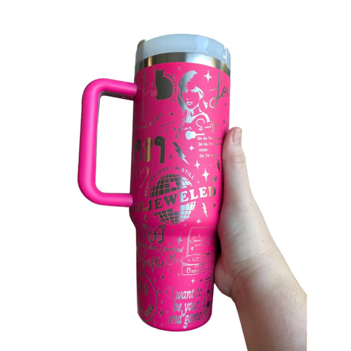 40oz Engraved Tumbler with Handle Celebrating Taylor Swift's Iconic Albums