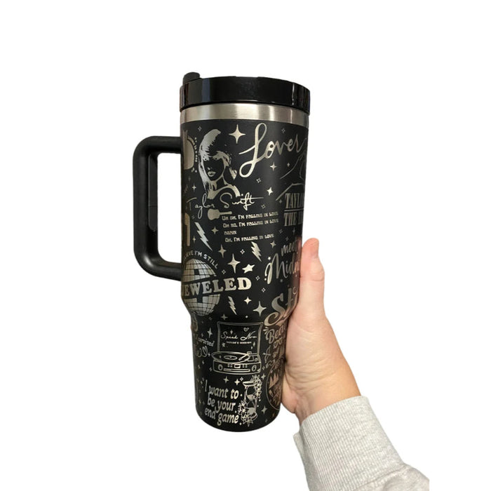 40oz Engraved Tumbler with Handle Celebrating Taylor Swift's Iconic Albums