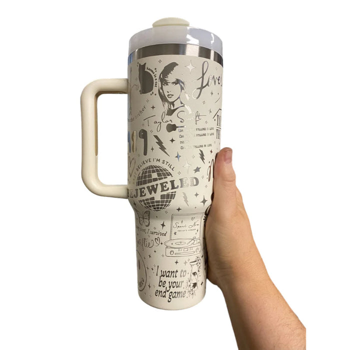 40oz Engraved Tumbler with Handle Celebrating Taylor Swift's Iconic Albums