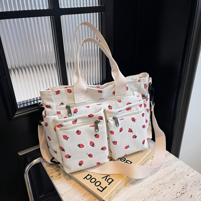 Lightweight Corduroy Tote Bag With Dual Straps And Outer Pockets