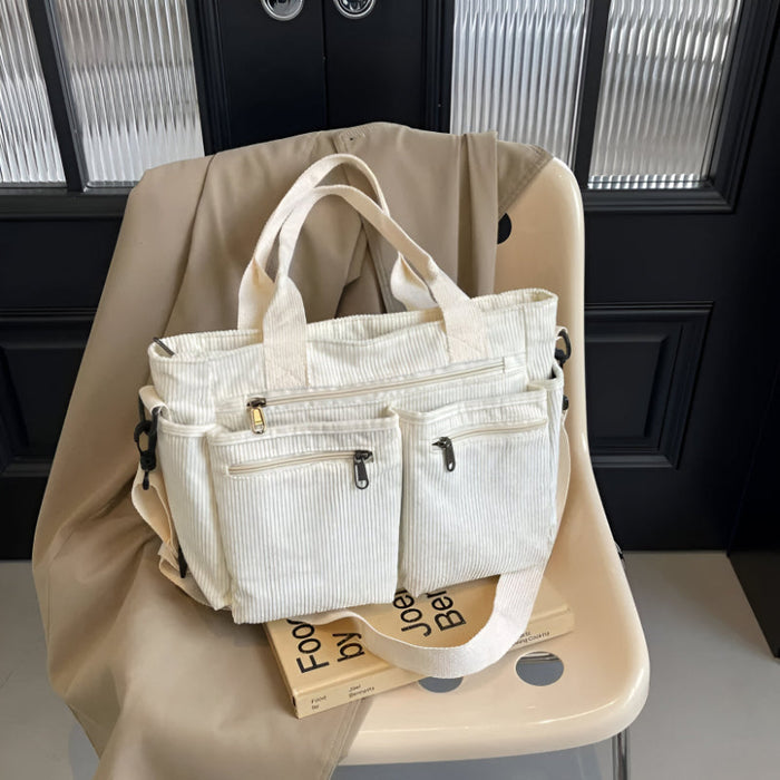 Lightweight Corduroy Tote Bag With Dual Straps And Outer Pockets