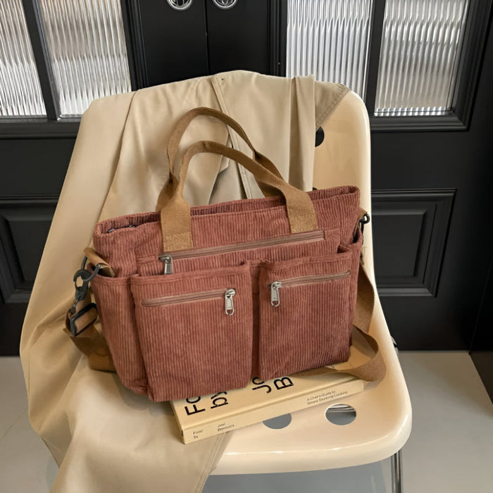 Lightweight Corduroy Tote Bag With Dual Straps And Outer Pockets