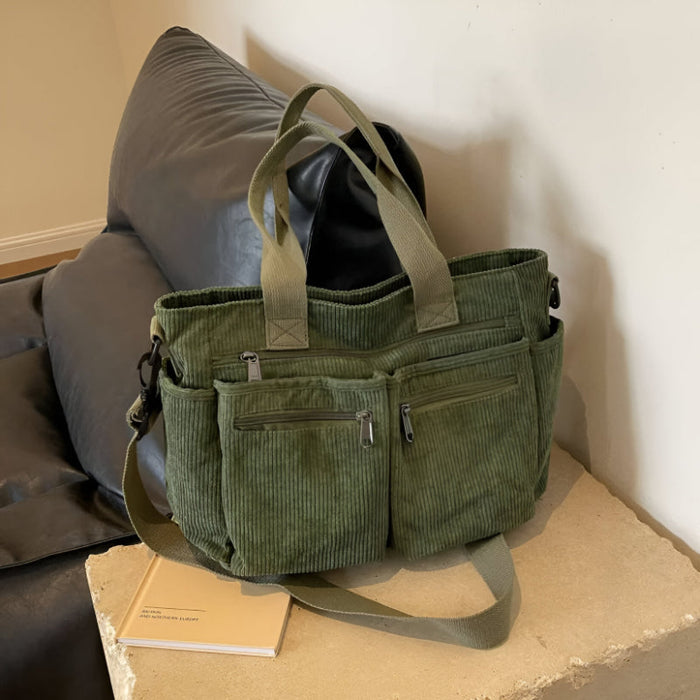 Lightweight Corduroy Tote Bag With Dual Straps And Outer Pockets