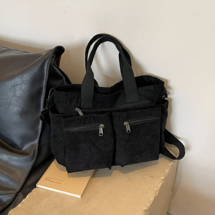 Lightweight Corduroy Tote Bag With Dual Straps And Outer Pockets
