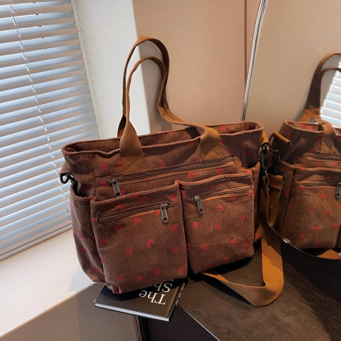 Lightweight Corduroy Tote Bag With Dual Straps And Outer Pockets