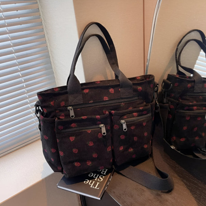 Lightweight Corduroy Tote Bag With Dual Straps And Outer Pockets
