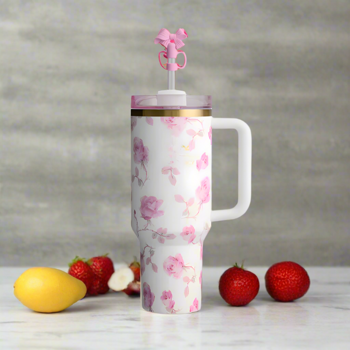 Floral Patterned Tumbler With Bow Straw Lid