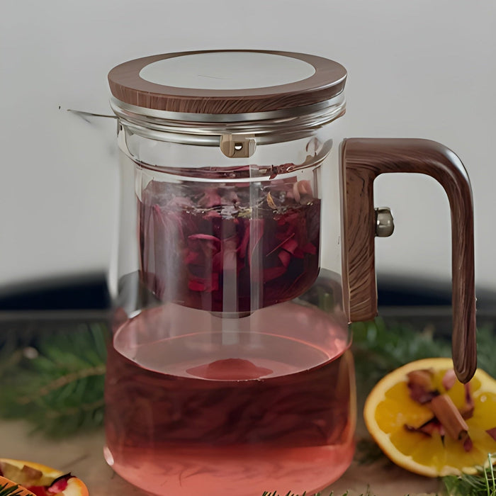 Wooden Lid Glass Teapot With Infuser