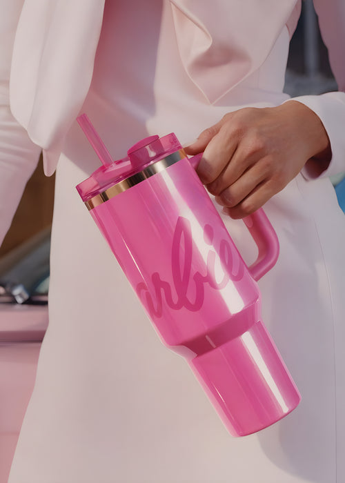 Barbie Themed Tumbler With Handle And Straw