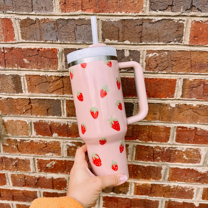 Personalization Strawberry Patterned Tumbler With Handle