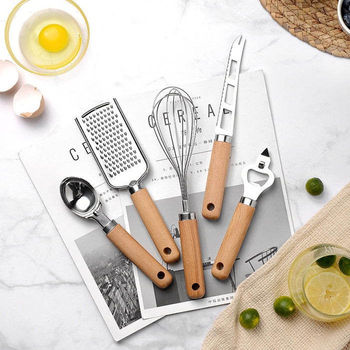 Stainless Steel & Wooden Handle Kitchen Tool Set